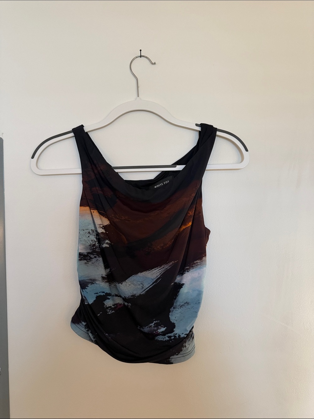 White Fox Draped Tank Top in Multi-Color Abstract Print
